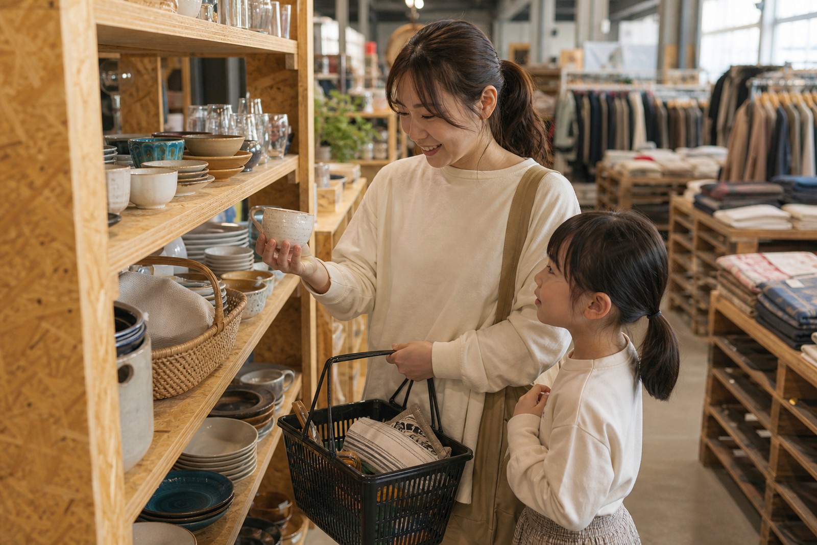 リユース店の棚で、生活者がまだ使える日用品を手に取って選んでいる様子