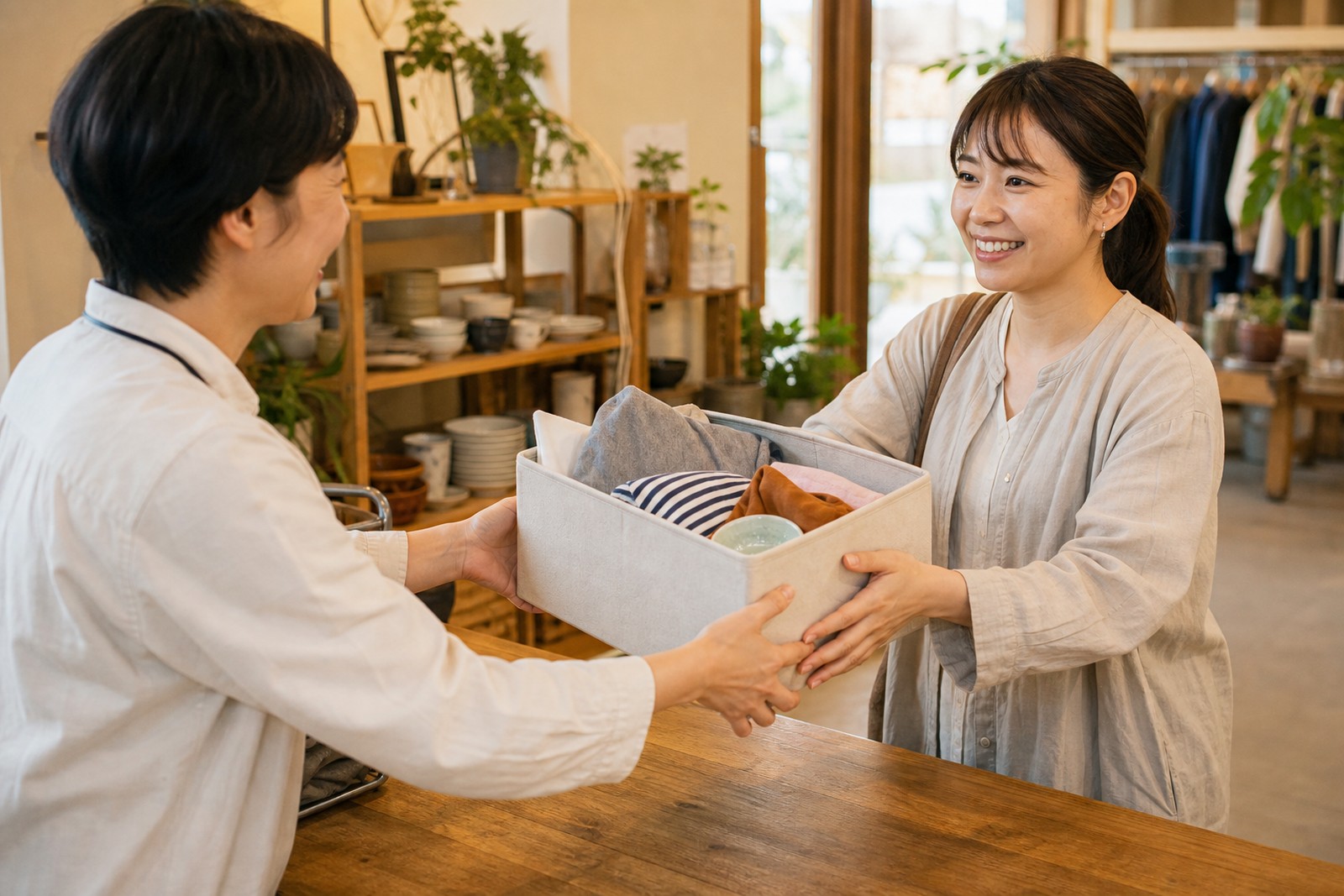 まだ使える品が、手から手へ、次の持ち主へと渡されている様子
