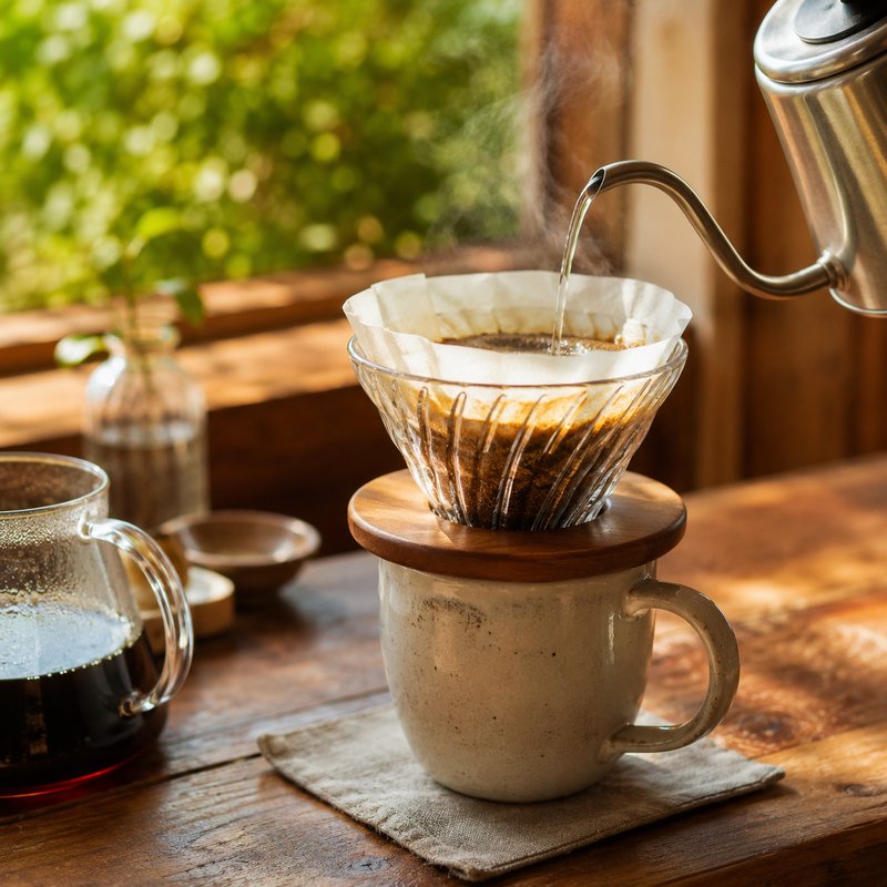 コーヒーショップのイメージ。木のカウンターでハンドドリップコーヒーを淹れている。