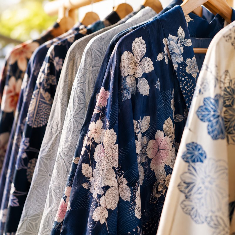 着物販売のイメージ。藍色や花柄の着物がラックにずらりと掛かっている。