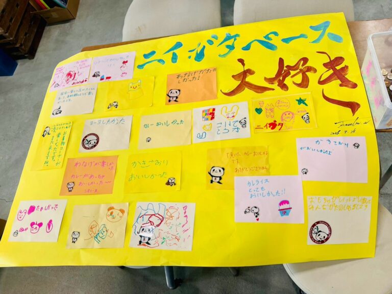 黄色い模造紙に「ニイガタベース大好き」と書かれた寄せ書き。