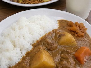 白いごはんにルーをかけたカレーライスの皿。奥には焼きそばの皿も見える。
