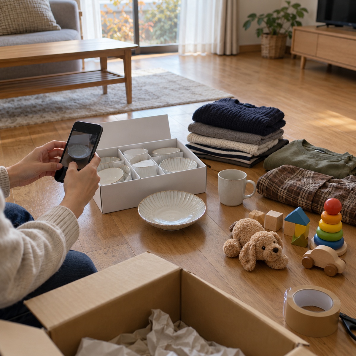 居間の床に並べた箱入りの食器や服、おもちゃを、大人の手がスマホで撮ろうとしている。手前に段ボール箱と梱包テープ。