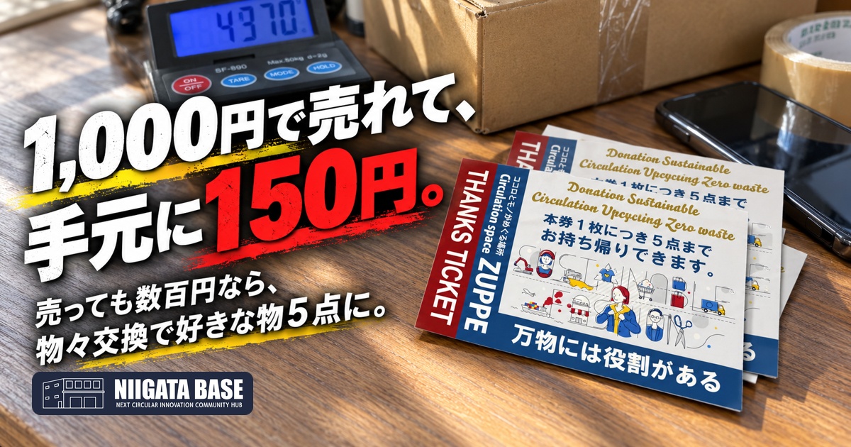物々交換とフリマアプリの違い｜1,000円で売れて、手元に150円。数百円の物は新潟の物々交換で次の人へのアイキャッチ画像