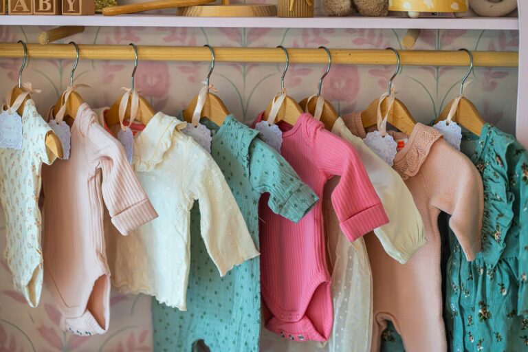 ハンガーに並んだ、ピンクや水色の小さなベビー服。