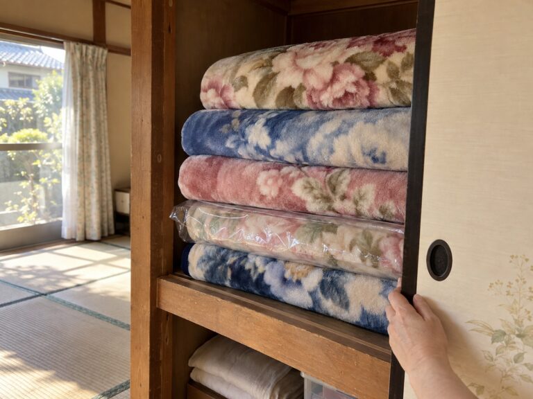 ふすまを開けた押し入れに、花柄の厚手の毛布がたたんで何枚も積まれている。