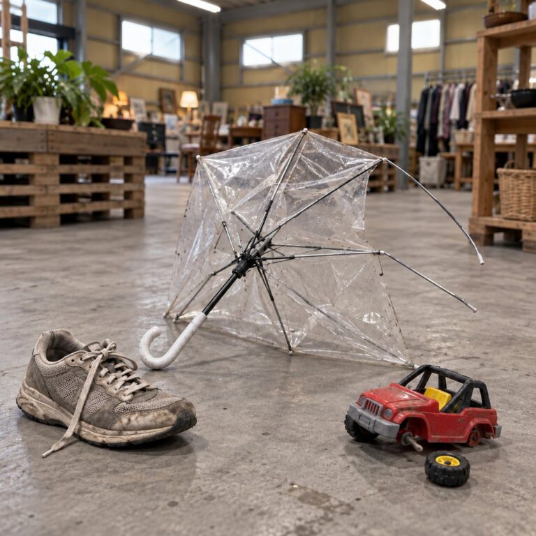 骨の折れたビニール傘、片方だけの靴、車輪の取れたおもちゃ（イメージ）。