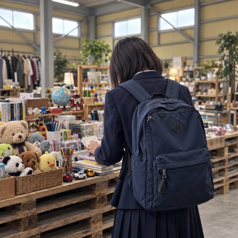 おもちゃや文房具が並ぶ木の台をのぞき込む、通学リュックの子どもの後ろ姿（イメージ）。