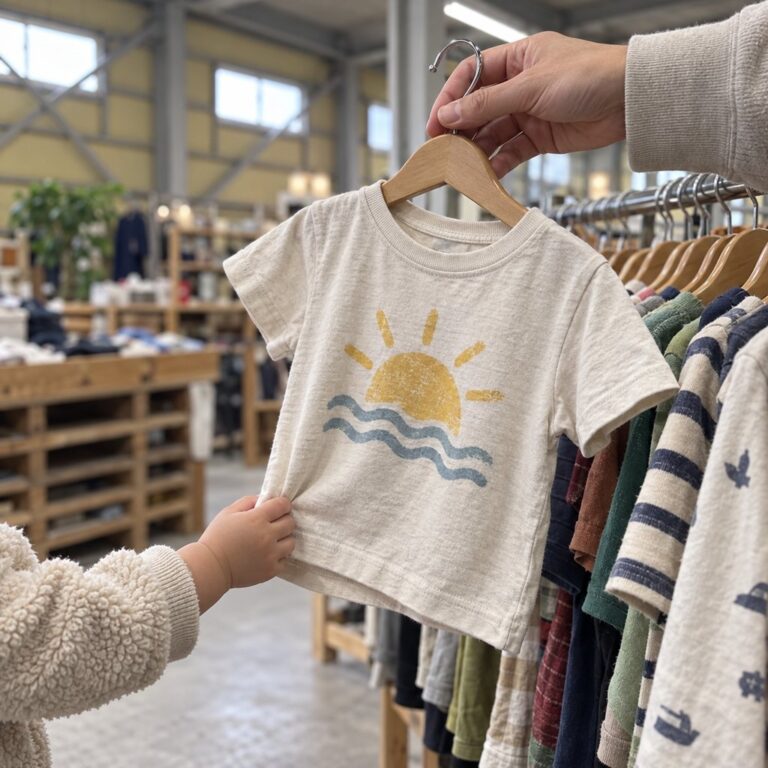 子ども服を手に取る大人の手と、その裾をつかむ小さな子の手（イメージ）。