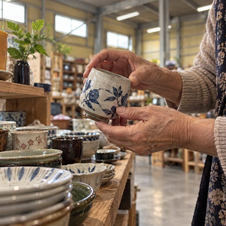 和食器の湯のみを手に取る、年配の方の手（イメージ）。